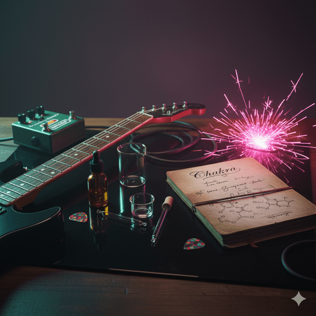 Teen maker’s guitar beside perfume mixing desk.