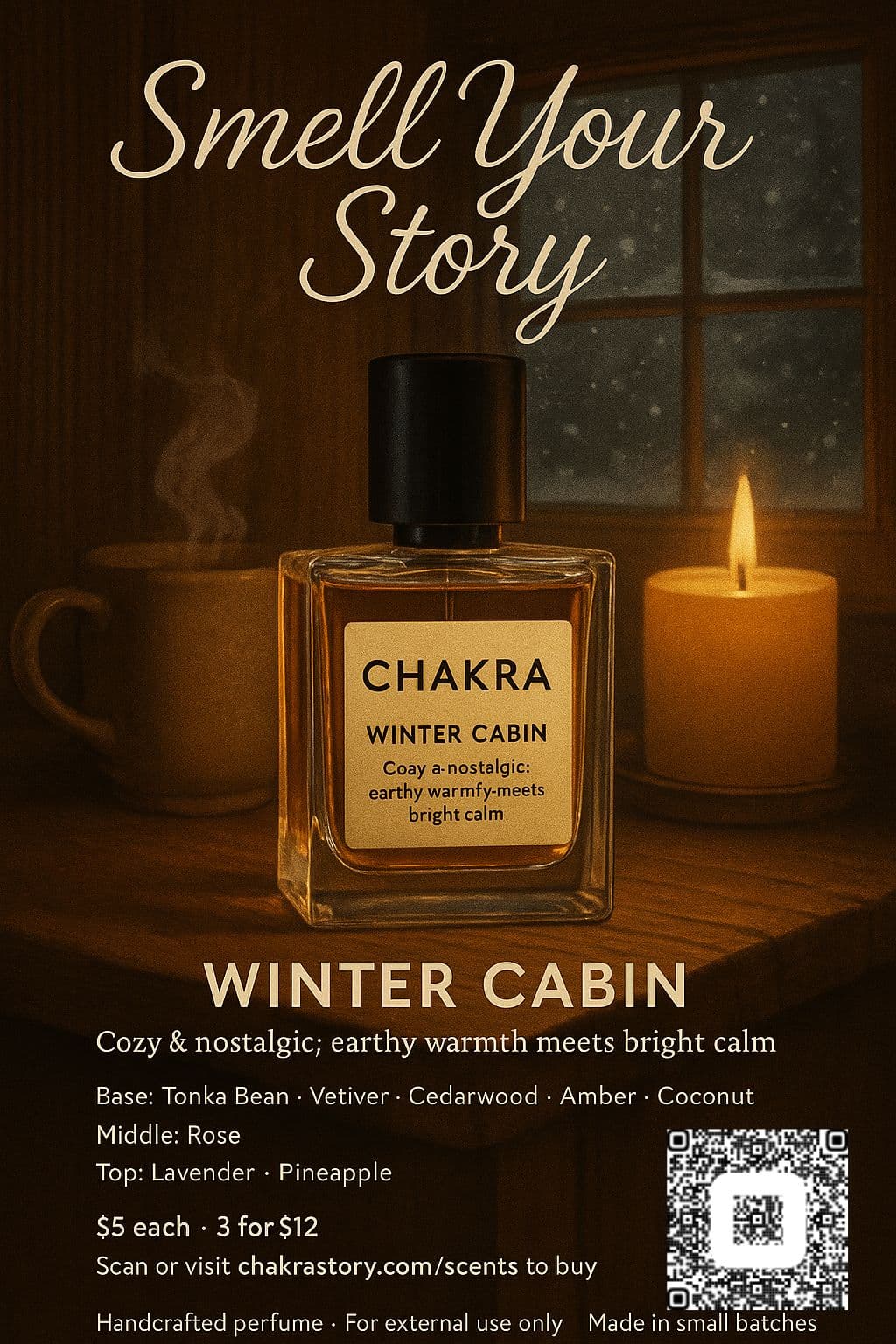 Winter Cabin perfume on wood with candle glow.