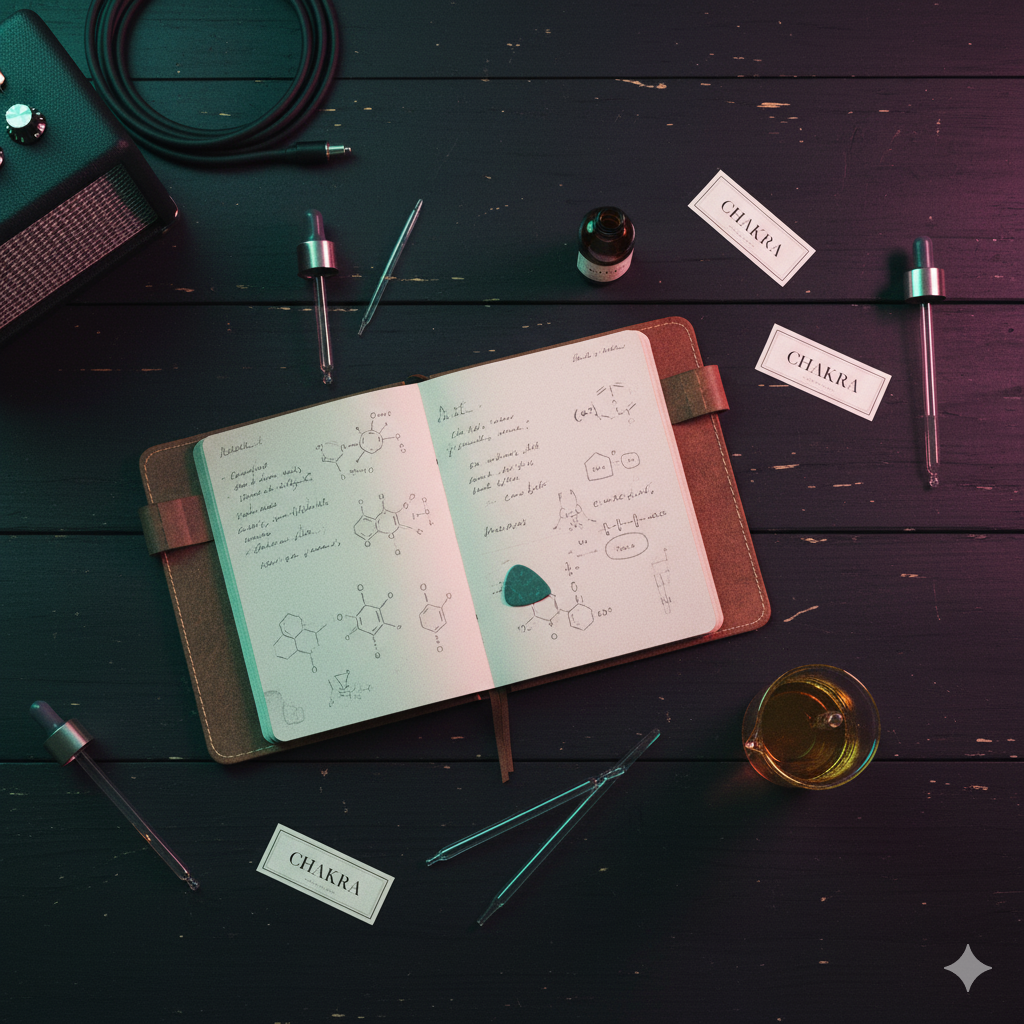 Perfume mixing bench with droppers and a notebook.